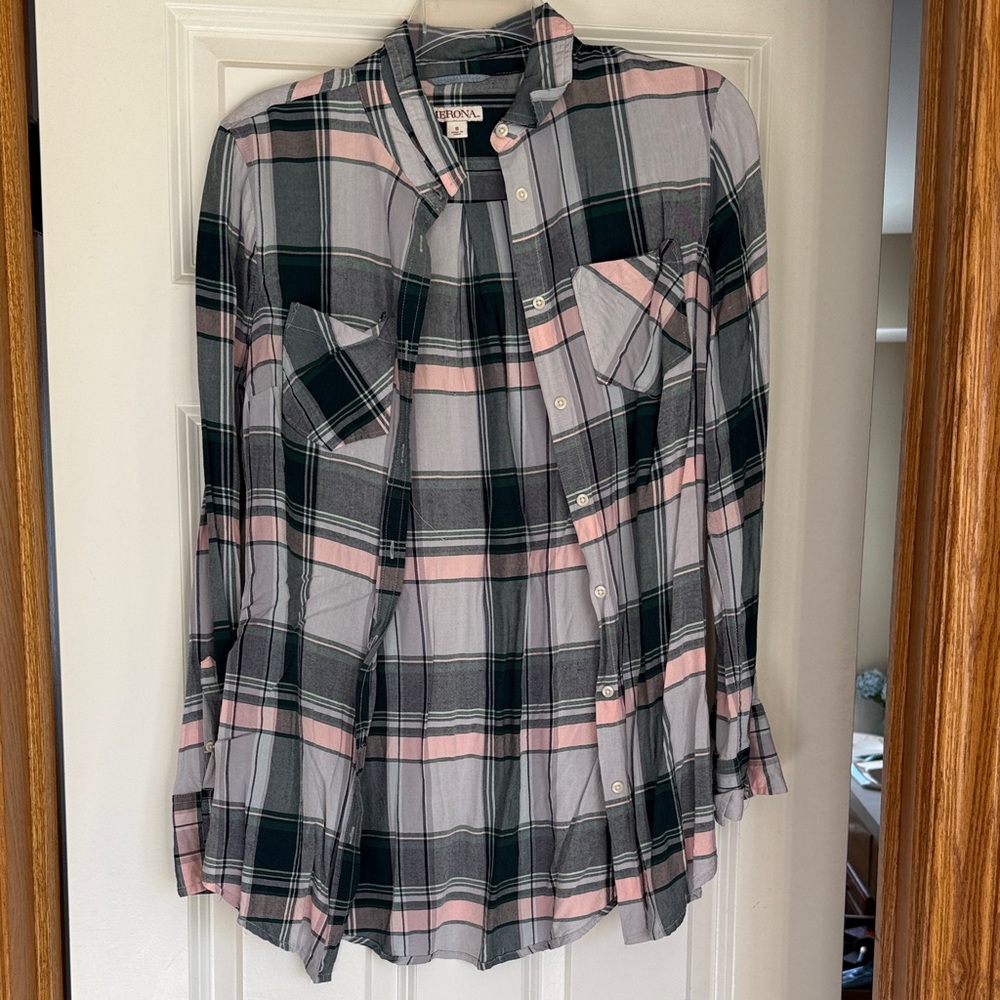 Merona Pink and Black Plaid Button Down Shirt